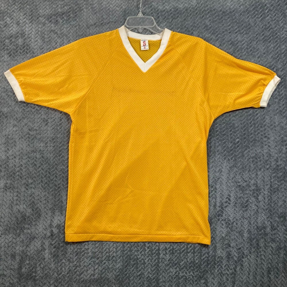 Soffe Athletic Jersey Mens XL Mesh Yellow V-Neck Raglan Ringer Sports Gorpcore